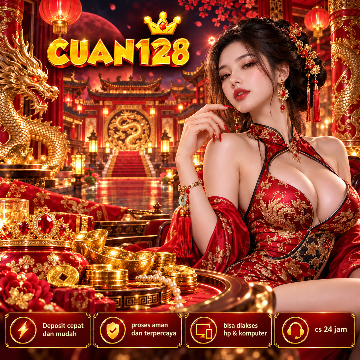 Banner CUAN128 3 bertema merah dan emas